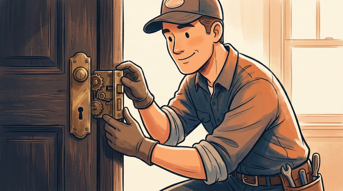Vintage brass mortise lock on historic wood door in White Plains