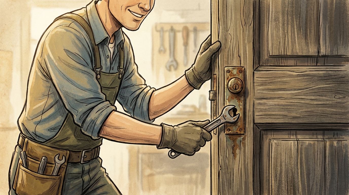 Rusted brass door lock showing signs of wear