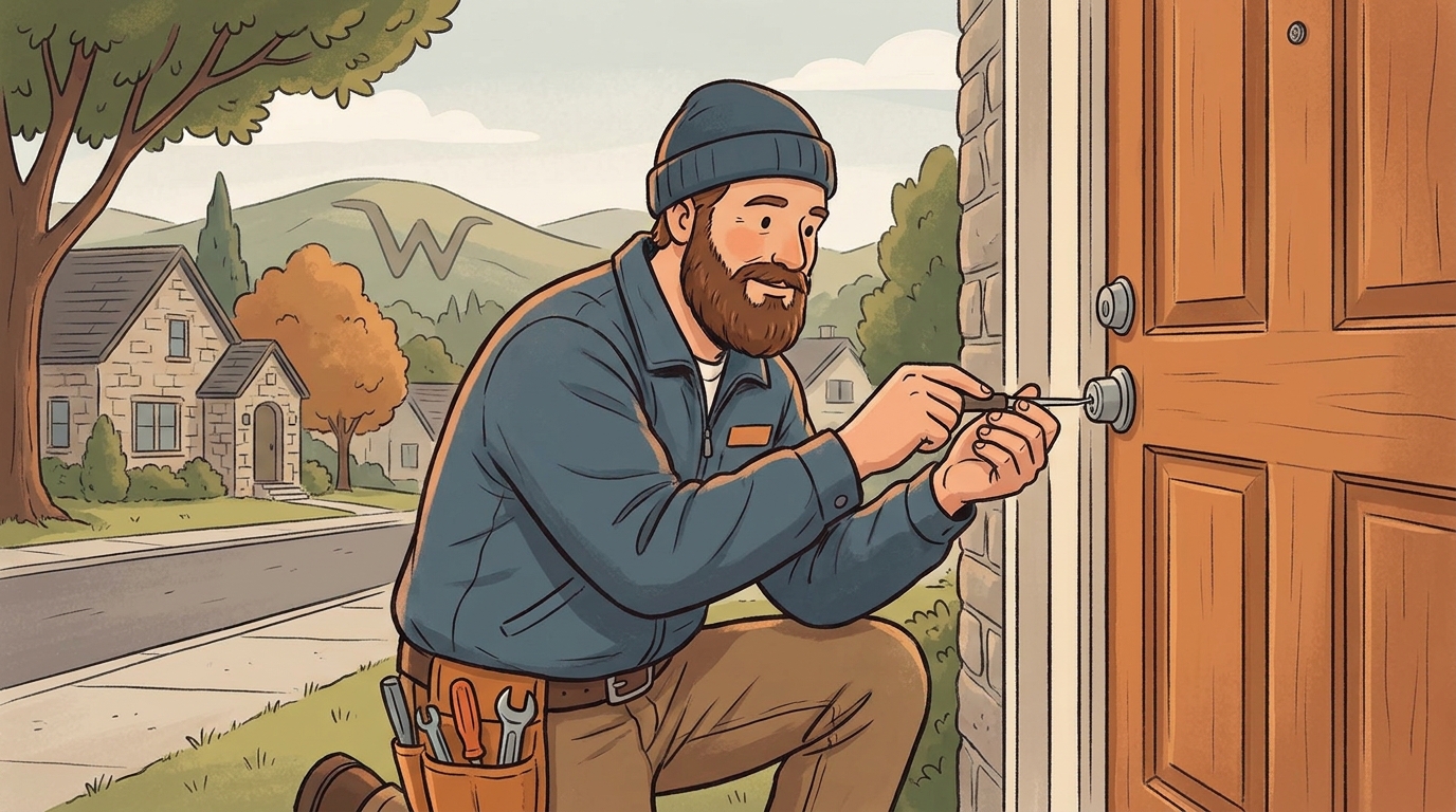 Professional locksmith picking a deadbolt lock on a house door