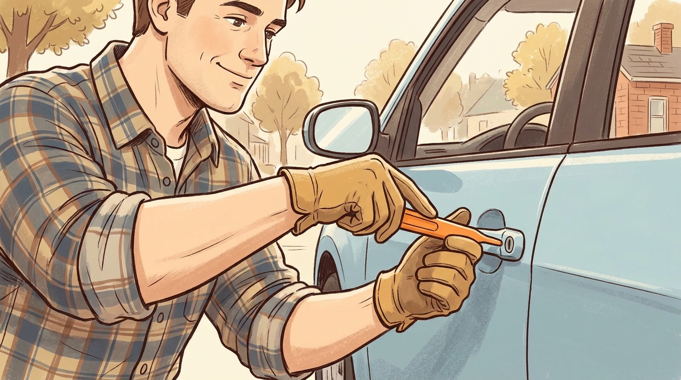 Professional locksmith unlocking a car door safely